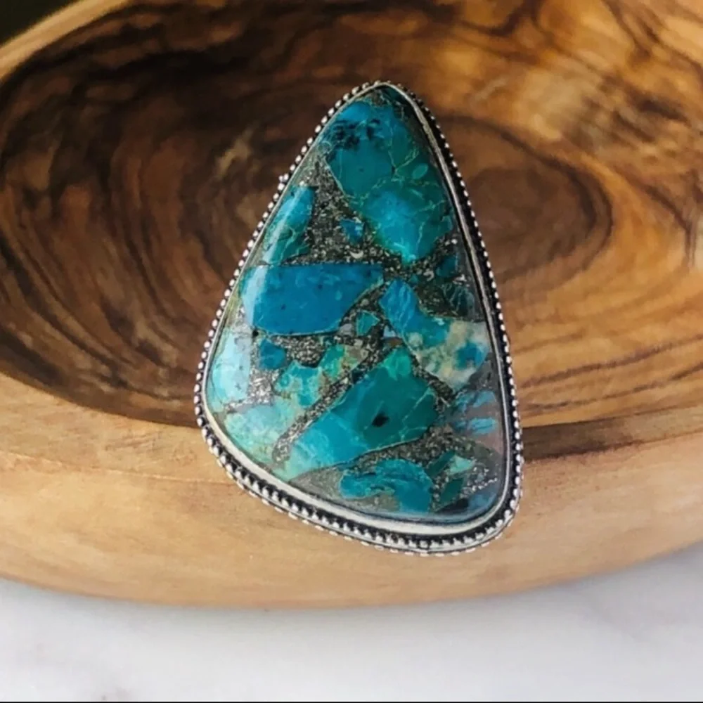 Silver Plated Copper Chrysocolla Bohemian Statement Ring